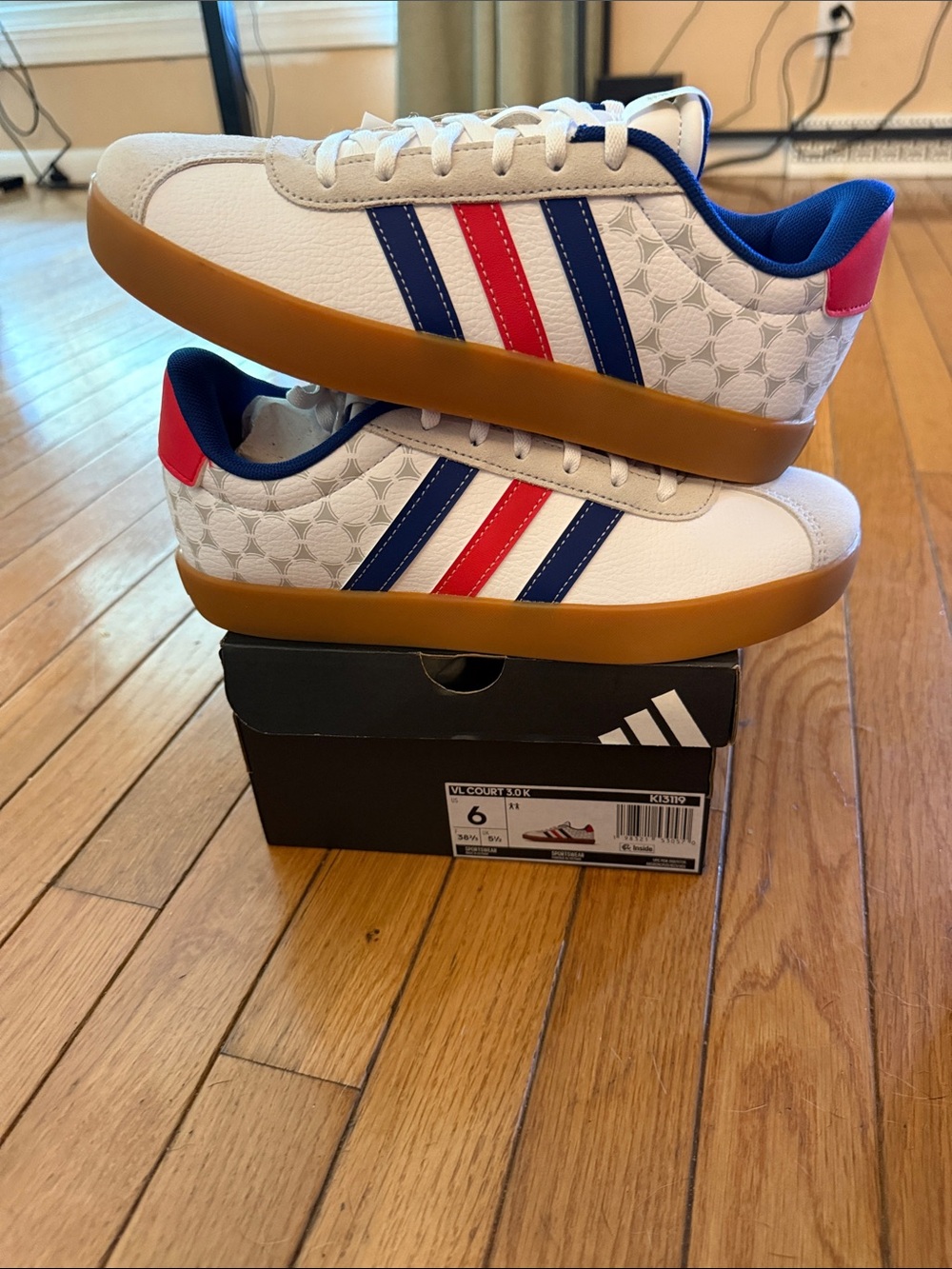 adidas White Sneakers with Blue & Red Stripes and Gum Sole